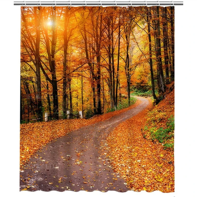 

Занавеска для душа в стиле фермерского дома на День Благодарения с тыквой падающие кленовые листья на деревенской деревянной доске Осенняя дорога лес