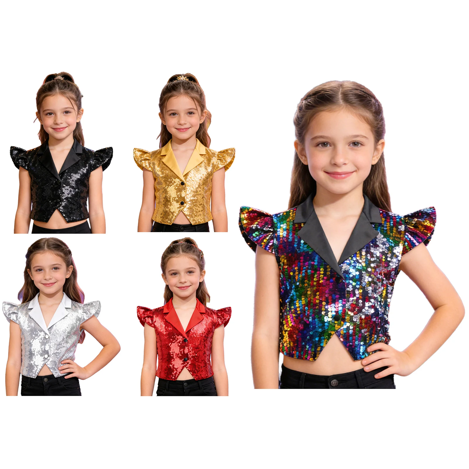 키즈 여아 반짝이 스팽글 재즈 힙합 댄스 조끼 디스코 파티 프롬 합창단 의상 플라이 슬리브 노치드 라펠 버튼 크롭 베스트
