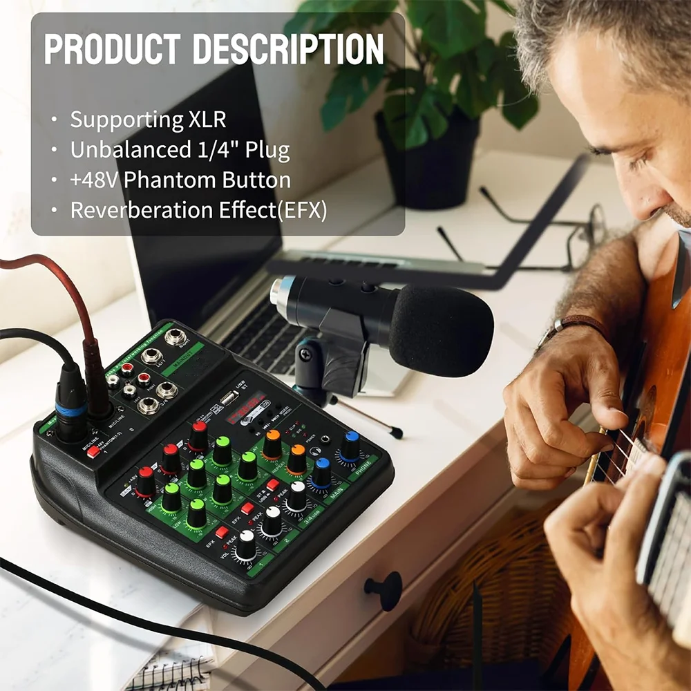 Portable 4 channel audio mixer Recording Sound Console Mixing card With BT 48V USB interface for DJ Karaoke PC MP3 microphone