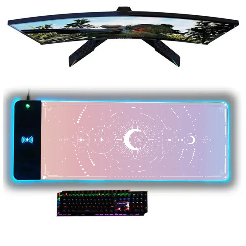 15W RGB LED Mousepad with Wireless Charger Large Mouse Pad Stars Moon Desk Mat XXL Mousepads Gamer Accessories Pad for Computer