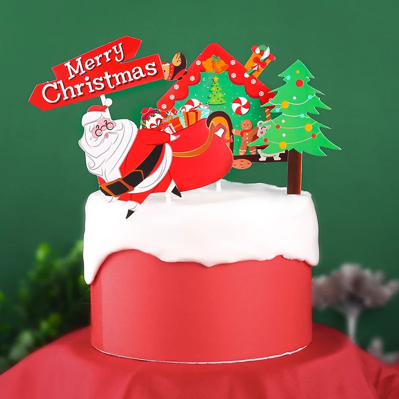 Santa Claus gift box Train Tree Merry Christmas Cake Toppers Happy New Year  Decorations Party Baking Supplies