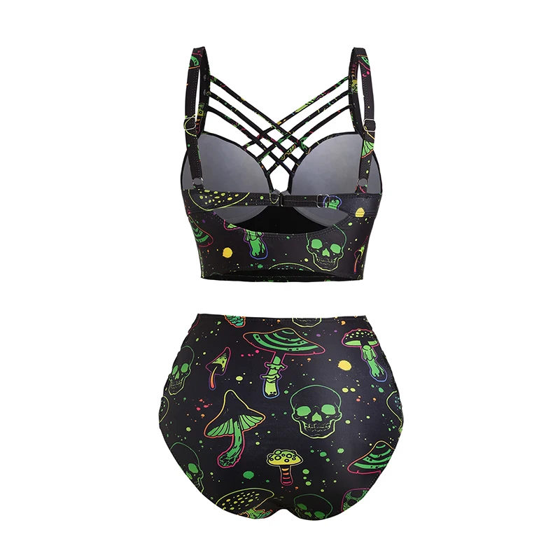 Galaxy Mushroom Skull Print Two Piece Bikini Set Crisscross Bikini Adjustable Spaghetti Strap Triangle Bottom Bathing Suit