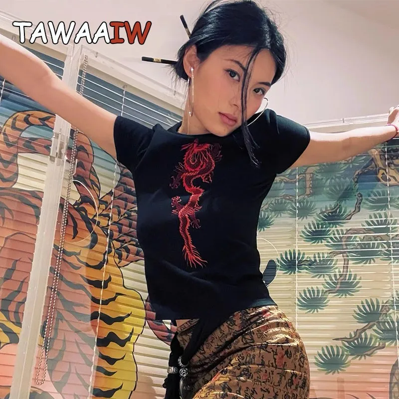 

Женская футболка с коротким рукавом Tawaaiw, готический черный укороченный топ в китайском стиле с принтом дракона, тонкие топы, Y2k, лето 2024