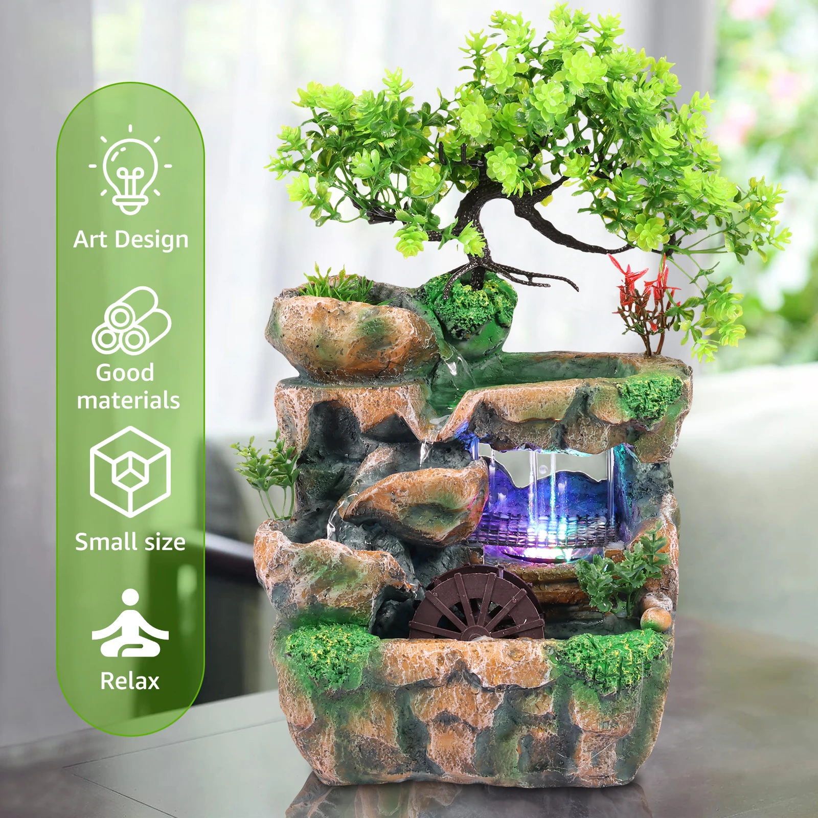 Tabletop Water Fountain With LED Lights - Mini Zen Fountain For Home & Office Relaxation