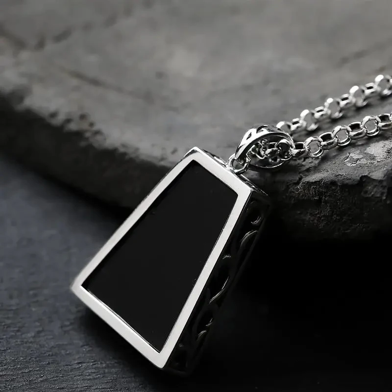 Original design geometric black agate pendant necklace retro domineering creative men and women charm brand silver jewelry pendant necklace silver necklace silver pendant silver necklace charms