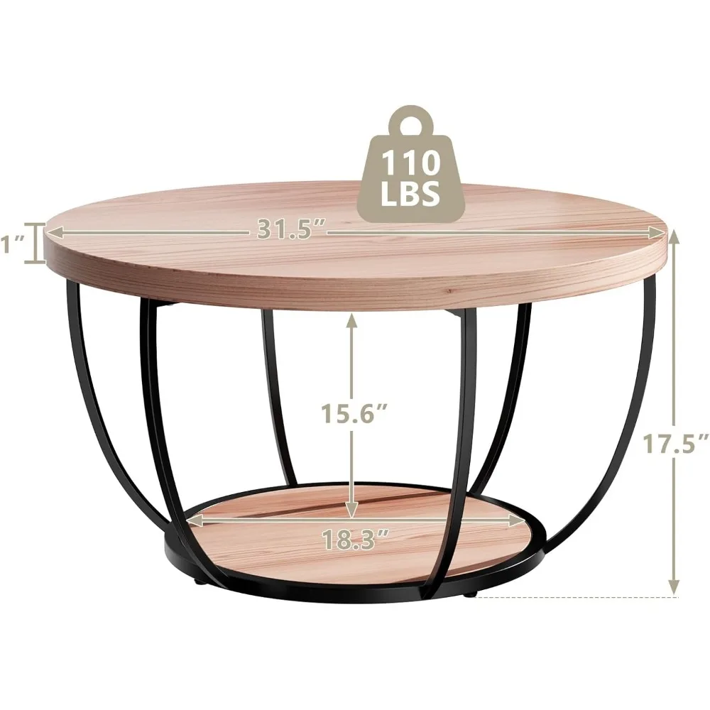 31.5" Round Coffee Table, 2-Tier Coffee Tables for Living Room, Small Wood Coffee Table with Storage, Modern Accent Center Table 3