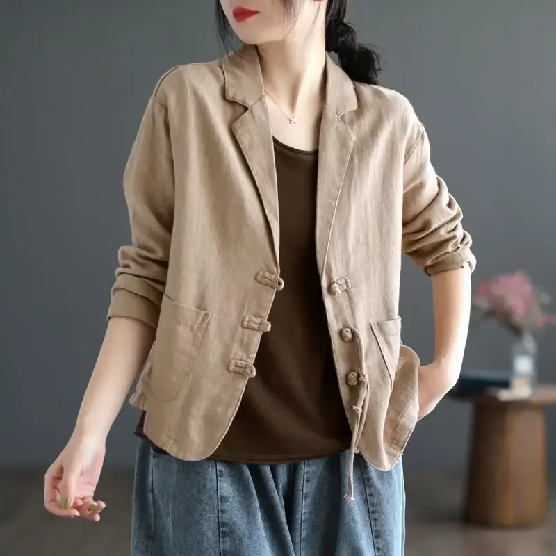 New Vintage Plate Button Cotton Blazer Women Spring Autumn Coat Long Sleeve Thin Jacket Korean Fashion Tops Coats
