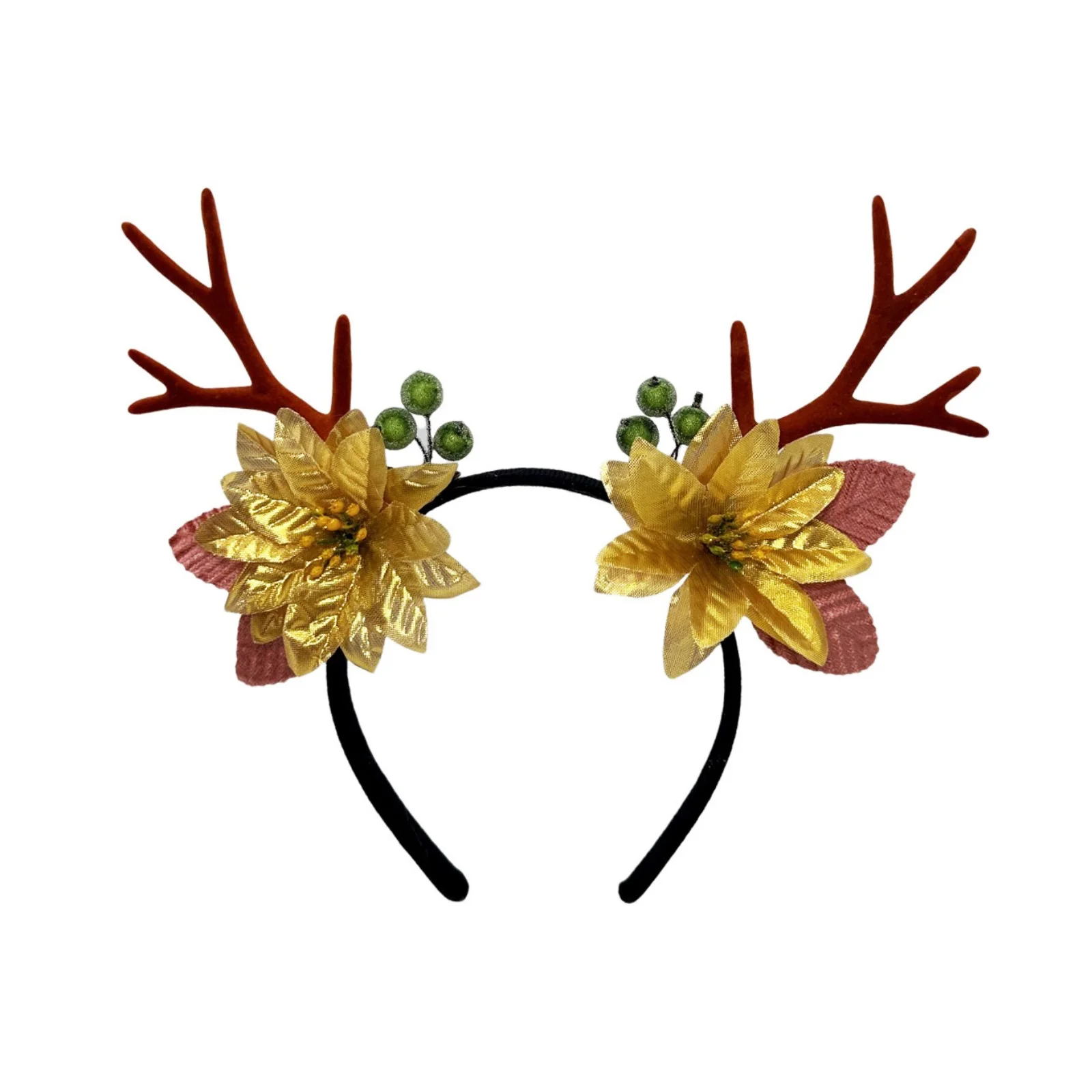 1PC Christmas Reindeer Antlers Headband - Poinsettia Flower Decor Hair Accessory For Christmas Party Cosplay Festival Decoration