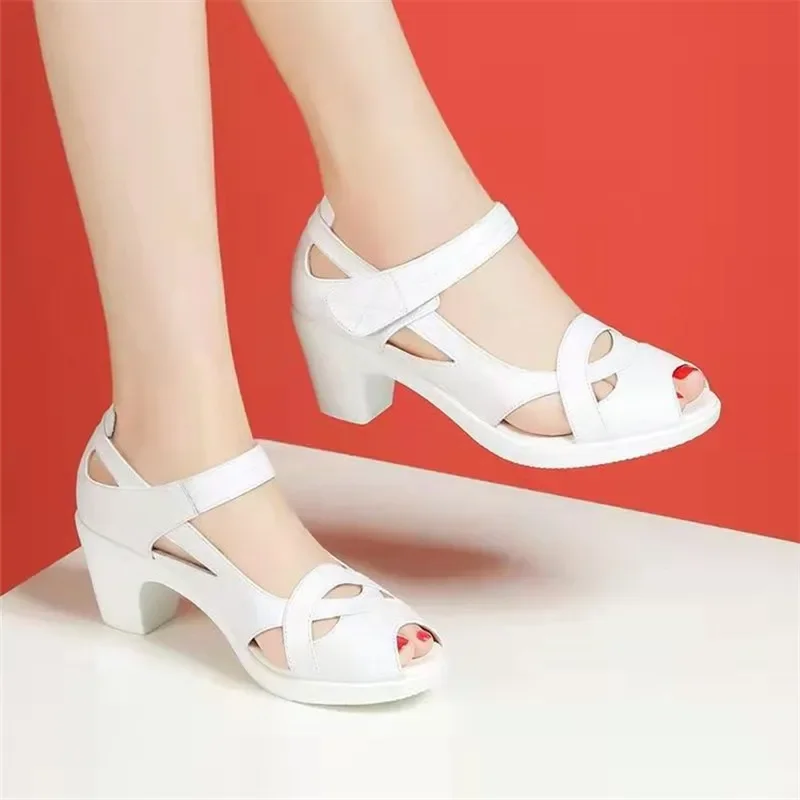 Roman Sandals Women's Soft Sole Comfortable Mother's Shoes Summer Pu Leather Fish Mouth Thick Heel Hollow Out Non Slip Sandalis