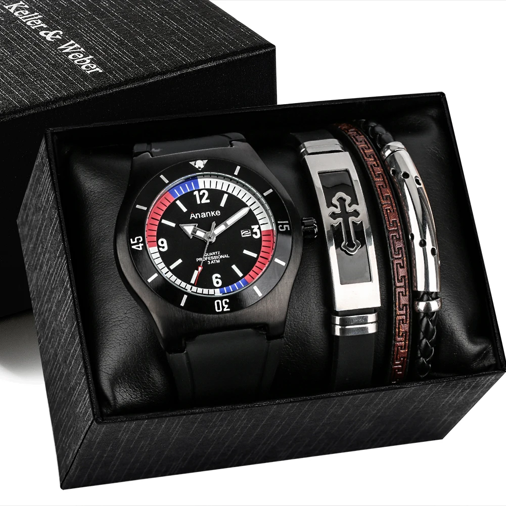 Leisure Watch Men Luxury Gift Set for Boyfriend Silicone Calendar Waterproof Quartz Wrist Watch with Bracelets Set Reloj Hombre