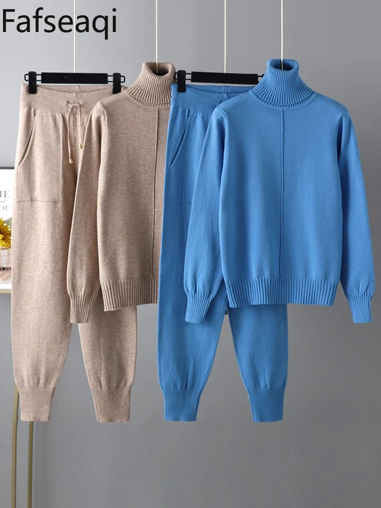 

Blue Women's Tracksuit Two Piece Set Knitted Harem Pants Soft Oversized Pullovers Office Trouser Suits for Women Home Outfits