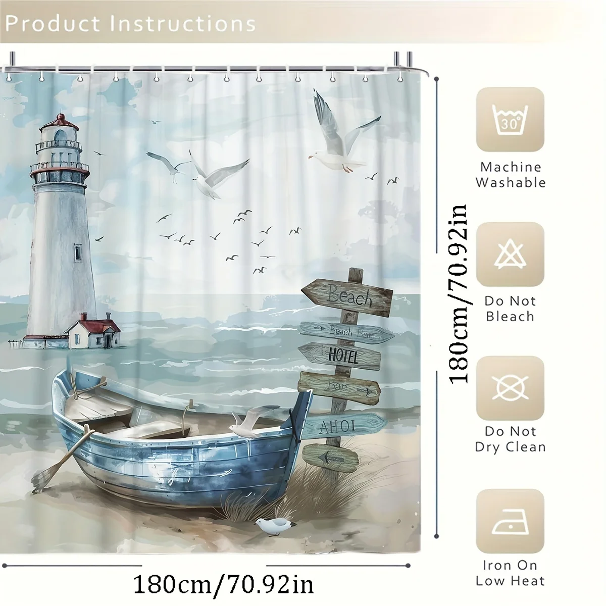 Nautical Coastal Shower Curtain, Ocean Lighthouse & Sailboat Design, Blue Teal Decor with Hooks, Bathroom & Window Use 3