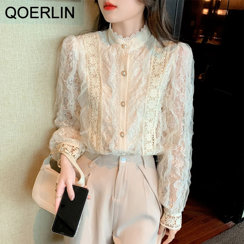 QOERLIN High Heavy 2022 New Women Lace Blouse Shirt Ruffles Hollow Out Elegant Tops Long Sleeve Blouse Single Button Floral Tops