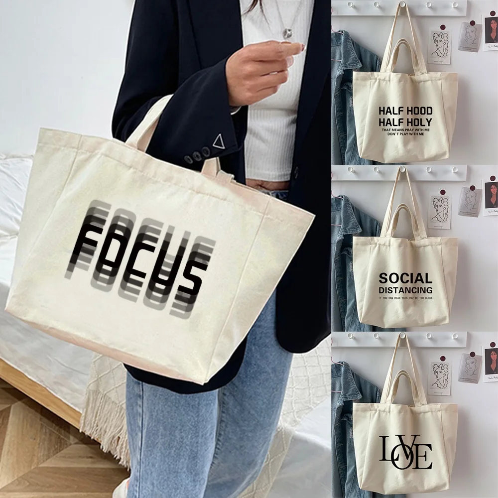 

Canvas Bags Shopper Shoulder Bag Big Women Designer Text Printed Handbags Shopping Tote Casual Woman Grocery Customizable