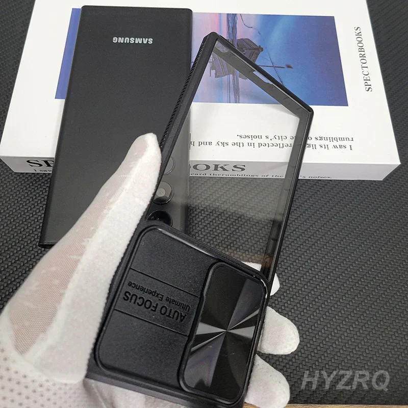 슬라이드 카메라 렌즈 캡 투명 하드 케이스, 삼성 갤럭시 S24 S23 22 울트라 플러스 A53 A54 A34 A52 투명 충격 방지 풀 커버