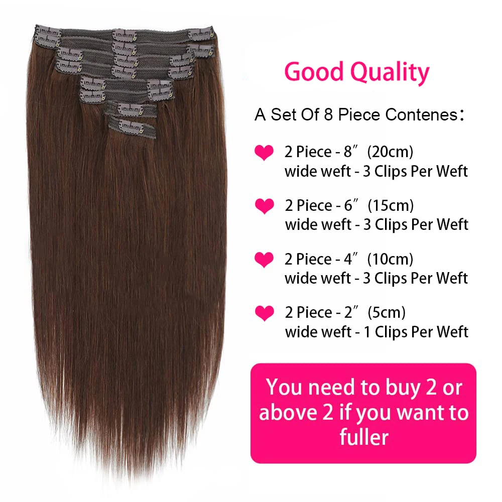 Extensões reais do cabelo humano para mulheres, grampo em extensões do cabelo, trama dobro, cabelo castanho, grampo Ins, 8 PCes, #4