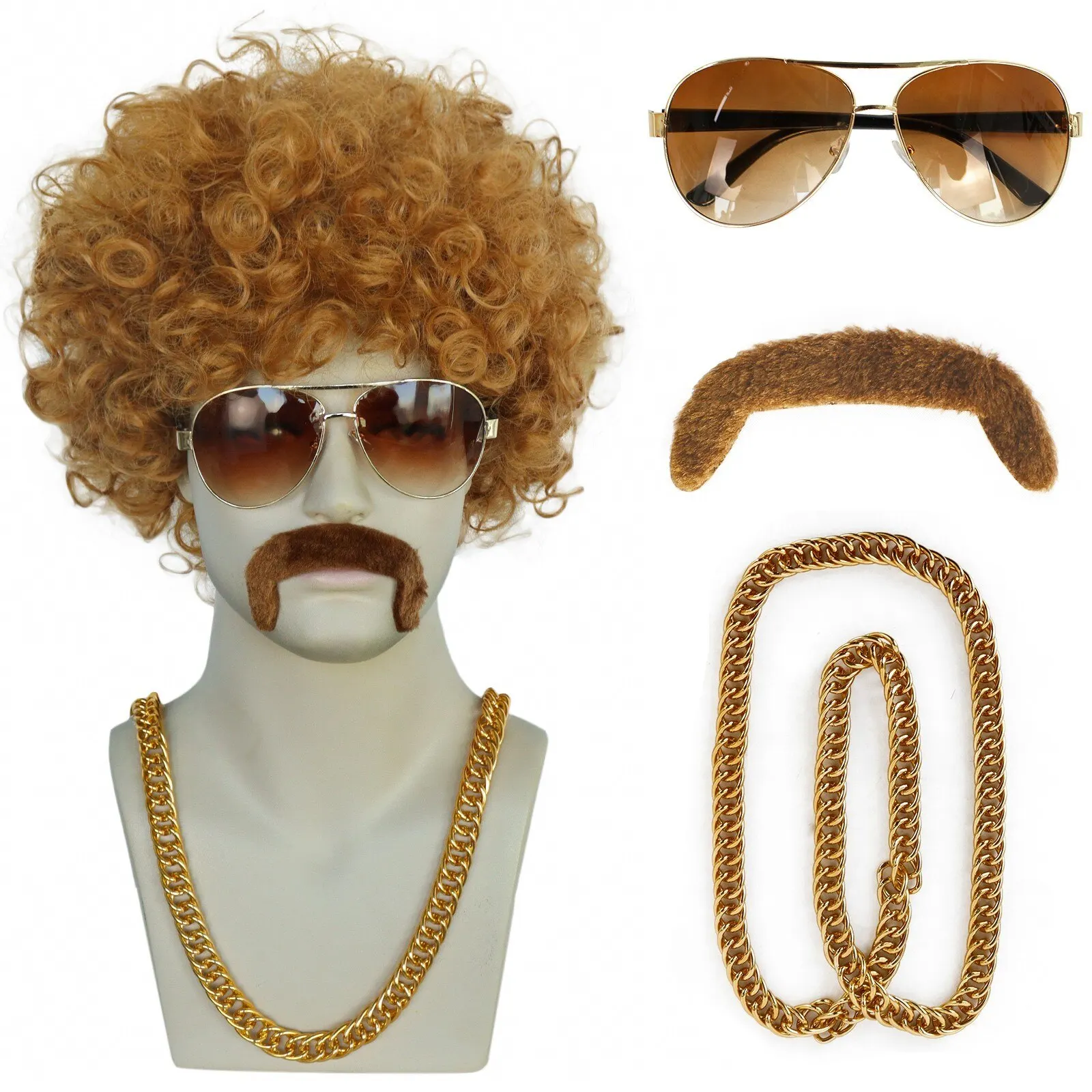 1 Necklace+1 Glasses+1 Wig Cap+1 Beard+Synthetic Short Afro Curly Black Brown 80s 70s Disco Rock Men's Cosplay Wig for Halloween