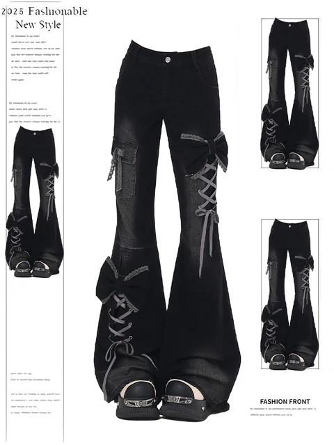Women's Low Rise Flare Jeans Bow Lace Up Japanese Designer Denim Pants Shoujo Y2k American Retro Bell Bottom Jeans Harajuku New