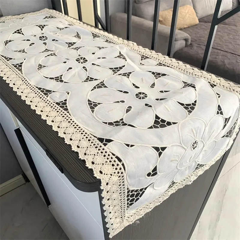 

Nordic Style Vintage Embroidery Hand-hollowed Rectangular Tablecloth Refrigerator Washing Machine Kitchen Bar Cover Decoration