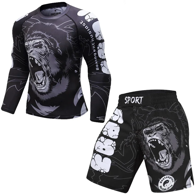 Mens Boxing Compression Rash Guard T-Shirts+Pants Sets Base Layer Athletic MMA Shorts BJJ No Gi Full Sportsuit Rashguard Shirt
