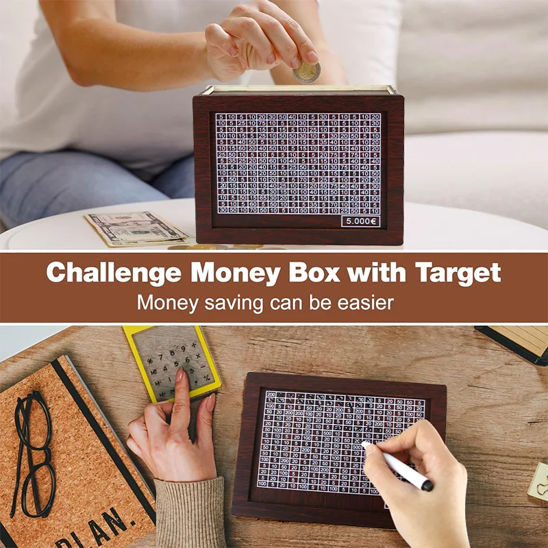 Wooden Money Box Reusable for 1000/2000/3000/5000/10000 Euro Cash Coin Case Challenge Cash Storage Case Wooden Piggy Bank