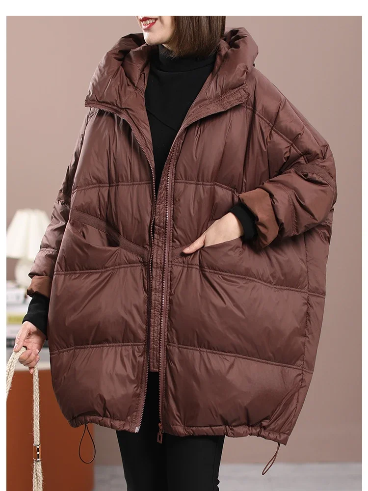 New Winter Women White Duck Down Loose Jacket with Hood Female Thick Warm Outwear Casual Over Size Patchwork Coats Jackets