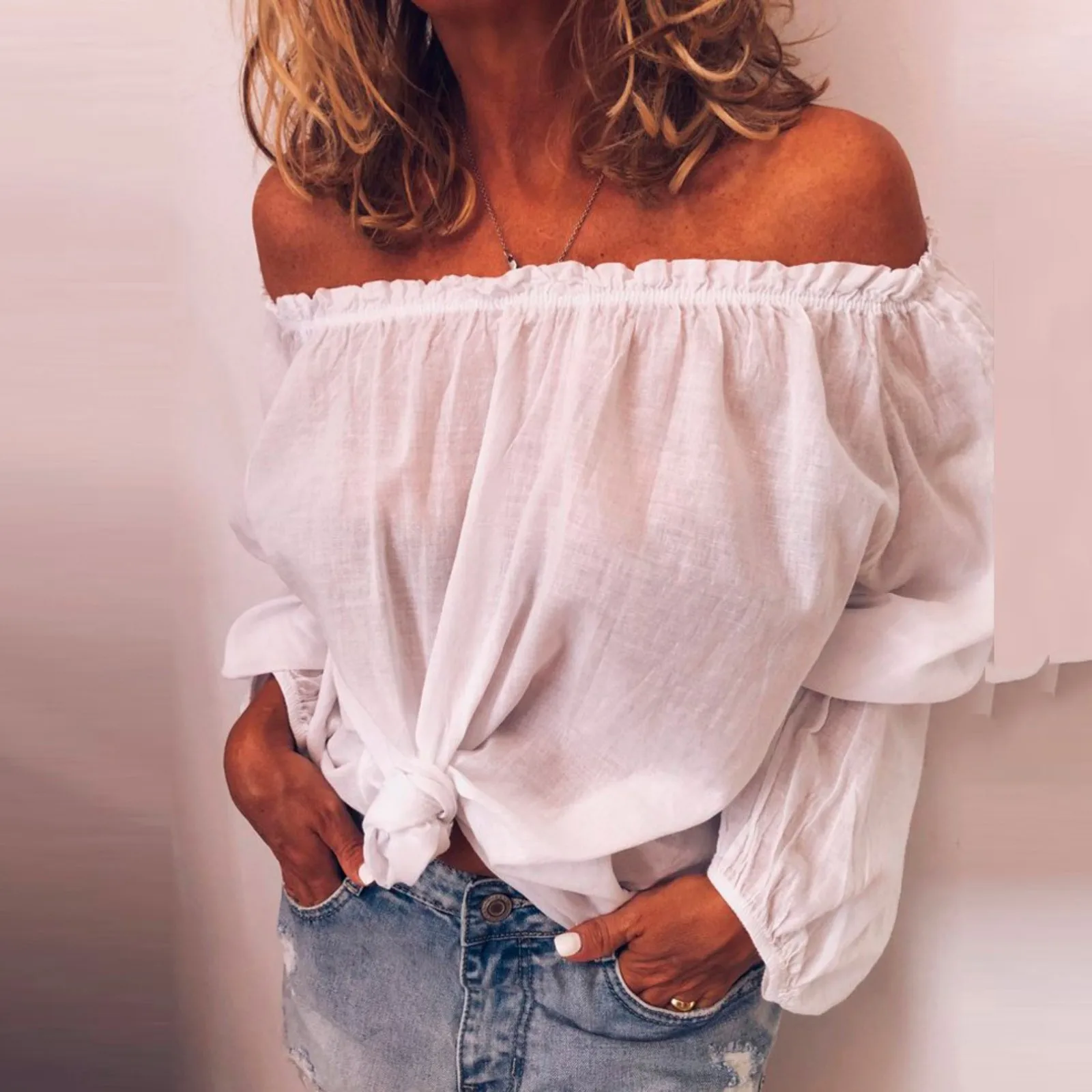 2023 Cotton Linen Women\'s Blouse Black Solid Off Shoulder Pleated Long Sleeve Shirts Female New Fashion Casual Lady Clothes
