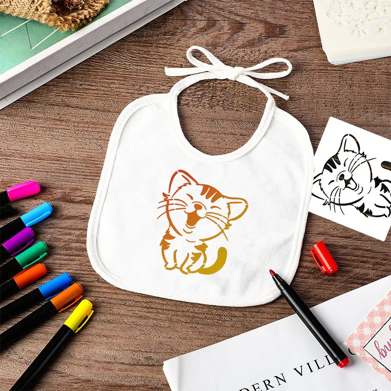 10-60 Sets Baby Shower Game Decorating Gift Baby Bibs Feeding Drooling White Bib Infant Saliva Towel Fabric Marker Stencils 5