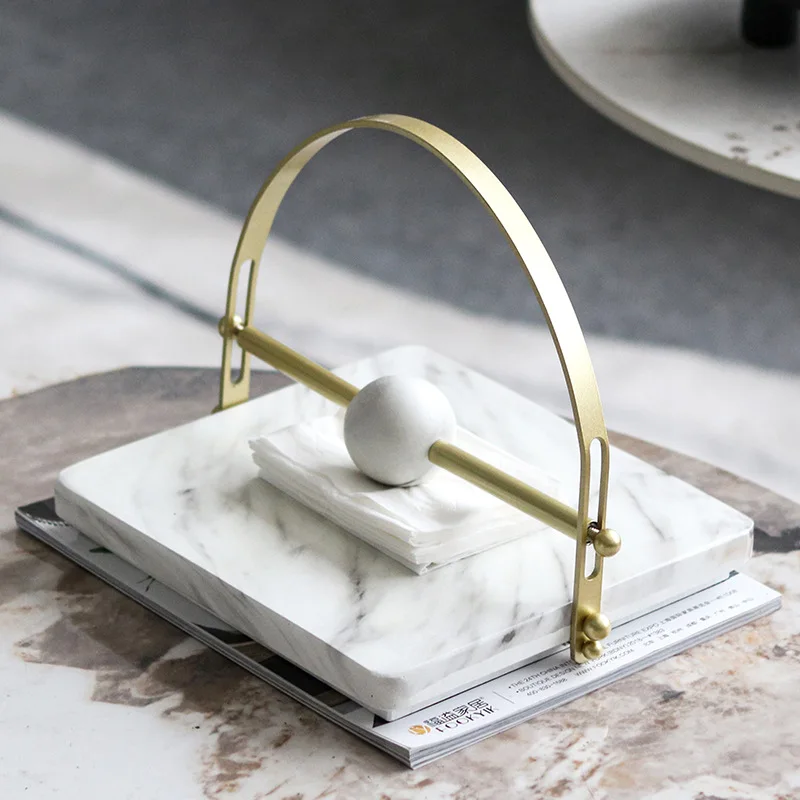 Modern Luxury Metal Tissue Holder, Dining Table Center Napkin Holder, Hotel Clubhouse, Imitation Marble Paperweight Decoration 2