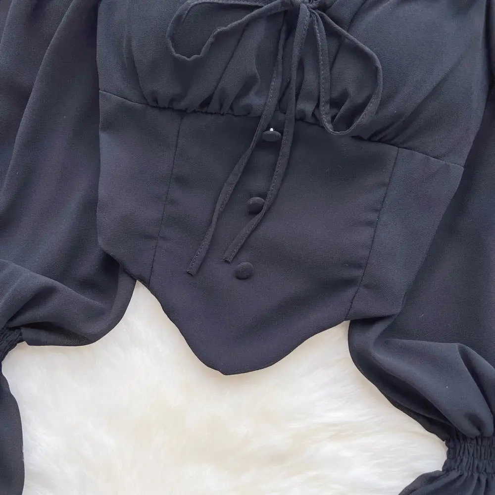 White Blouses Women Aesthetic Solid All-match Vintage Casual Ladies Tops Slim Schoolgirls Spring Bandage Lantern Sleeve Clothing