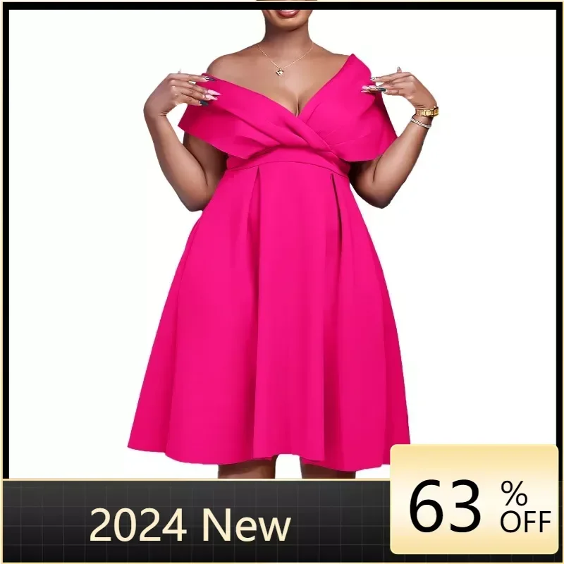 

Fashion Women Off Shoulder Draped High Waist Big Swing Knee LengthDress 2024 Club Sexy Party Evening Cocktail Dresses