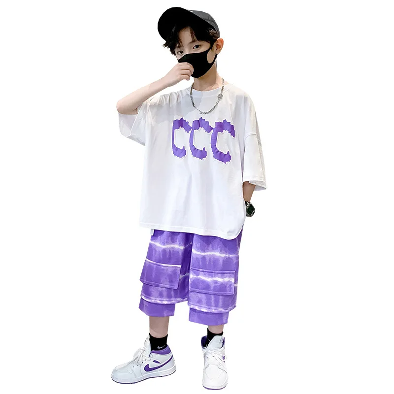 

New Boys Clothing Summer Letter Print Short Sleeve Top Pullover + Elastic Waist Tie-dye Pant 2pcs Casual Sportswear Set 4-14 Yrs
