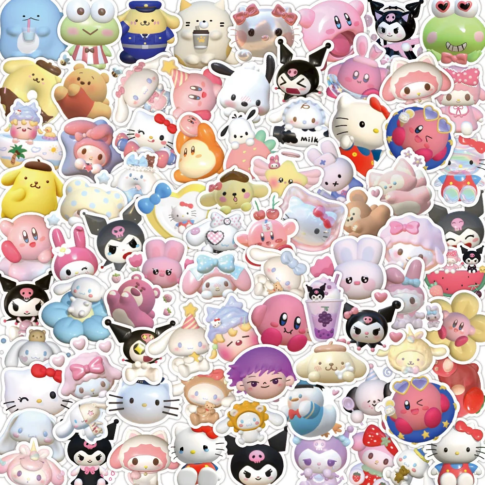Sanrio Cartoon Anime Kawaii 3D Kirby Hello Kitty Kuromi Stickers for Laptop Suitcase Stationery Waterproof Decals Kids Toys 10 30 50pcs cartoon anime overlord stickers car guitar motorcycle luggage suitcase diy classic toy decal sticker for kid toys