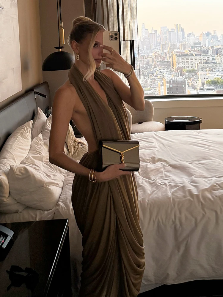 Nibber Ruched Halter Maxi Dress Women Sleeveless Backless Irregular Hem Solid Vacation Classic Basis Prom Party Elegant Vestidos