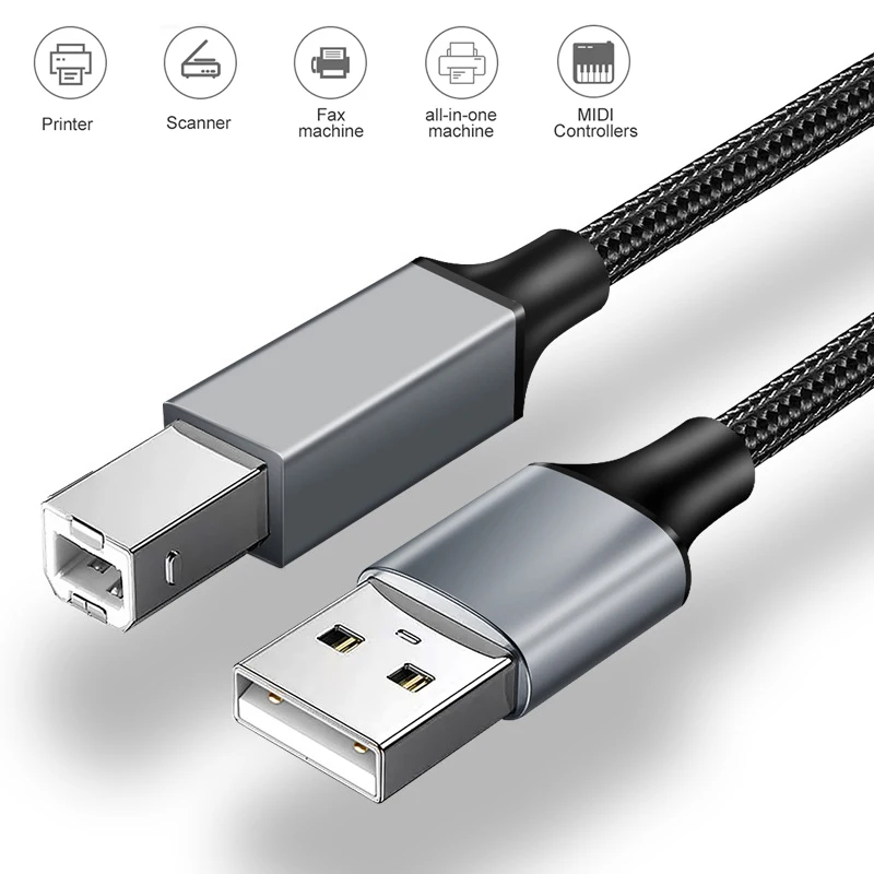 USB 2.0 Type C to USB B Printer Cable Gray Braided Printer Scanner Cord Type A to B For Canon Epson HP Samsung USB Printer Cable