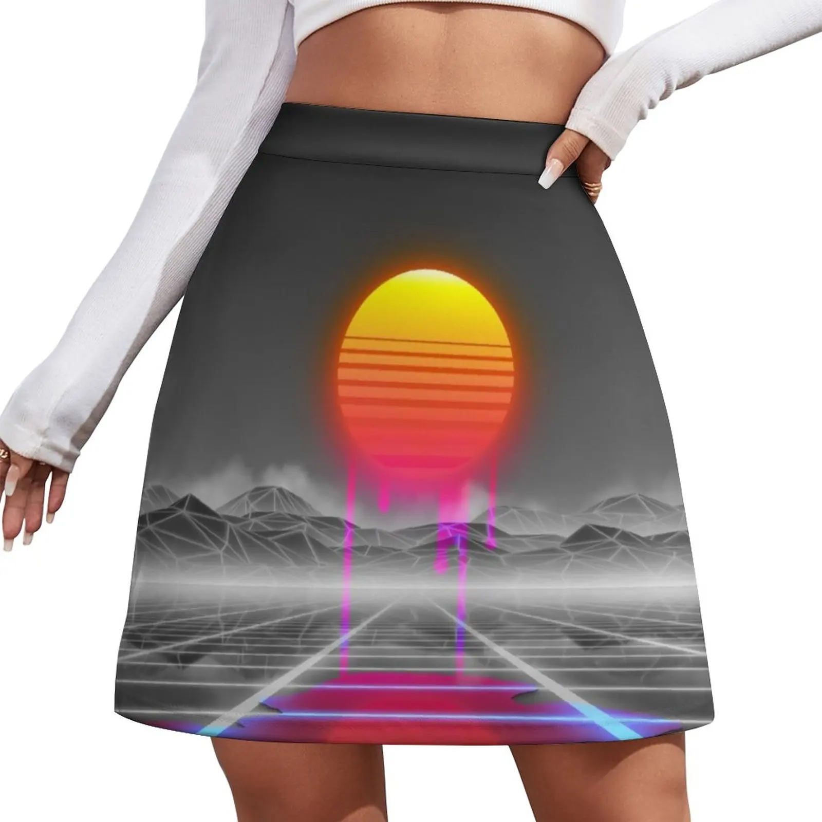 Dripping colored sun in a synthwave landscape Mini Skirt korean style Short women′s skirts Miniskirt Skort for women europe fashion 2023 new summer woman hot shorts vertical colored water drill high waist wide leg pants casual a line short jeans