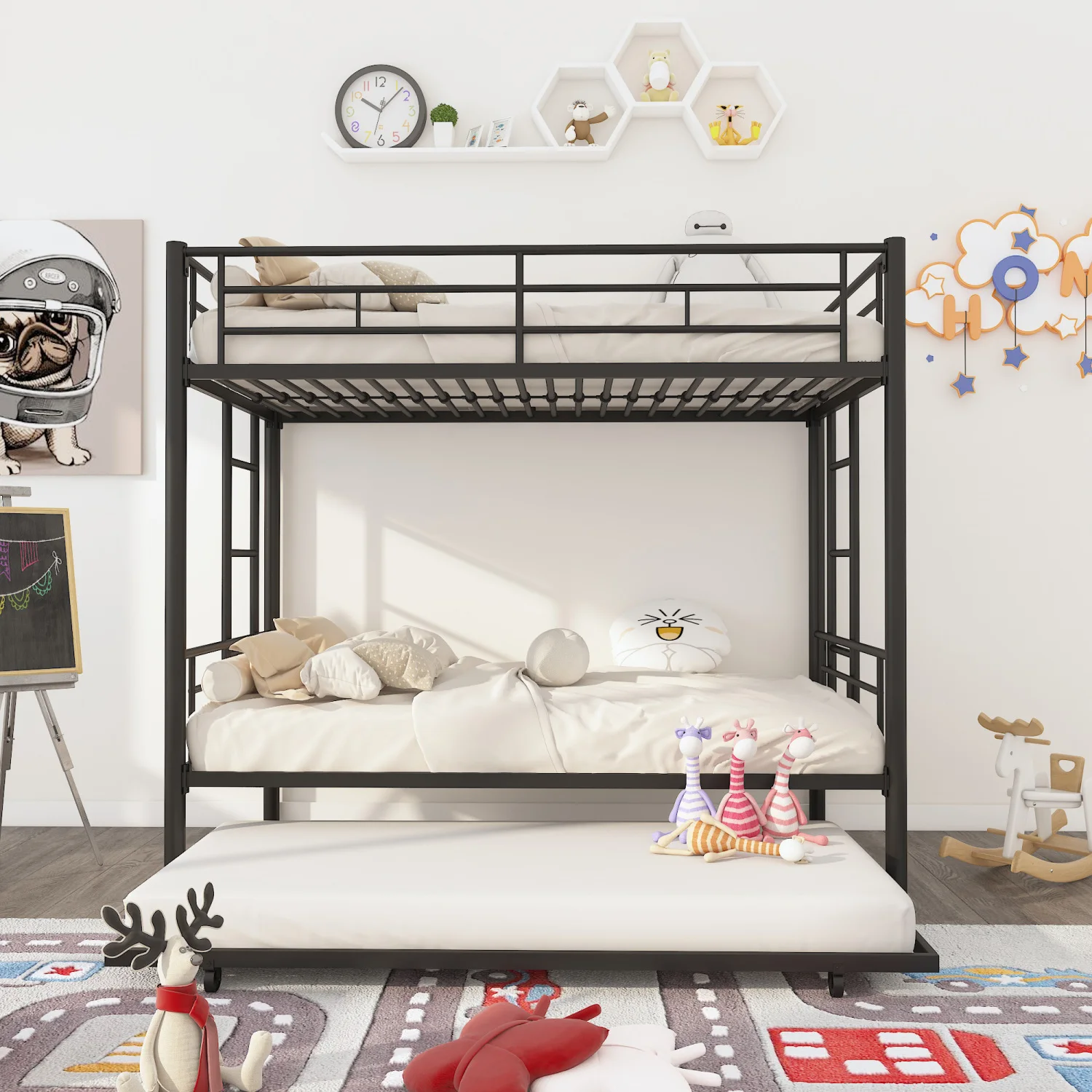 

Reinforced Twin Over Twin Metal Bunk Bed Frame with Trundle - Durable and Sturdy Design for Kids Bedroom (Upgrade Version Includ