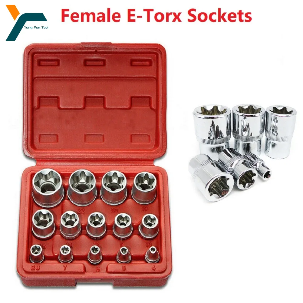 14Pcs E Torx Star Female Bit Socket Set Hand Tool Kit 1/2'' 3/8'' 1/4
