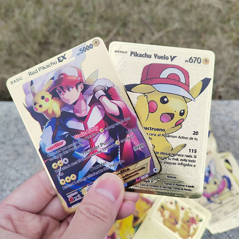 

2023 Pokemon Cards Pikachu Metal Letters Golden Cosplay Eevee Greninja Pokémon GX Vmax V Game Collection Children Toys