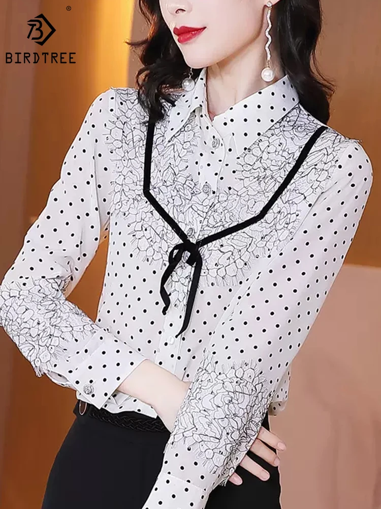 

Birdtree 100%Mulberry Silk Shirt Long Sleeves Polo Collar Dots Bow Retro Versatile Temperament Commute Blouse Fall T3N034QD