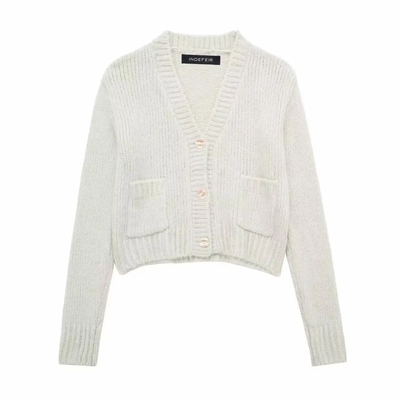 thumbnail image 1 of HH TRAF Chaqueta de punto de mezcla de lana y alpaca con cuello en V para mujer, nueva moda de otoño e invierno, cárdigan informal de calle para mujer, 1 of 4