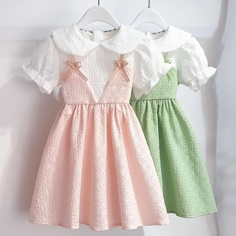 

2023 Summer Girls New Thin Small Fresh Bow Dress Doll Neck Clothes for 1 To 10 Years Kids Baby Fashionable Girl Princess Skirts