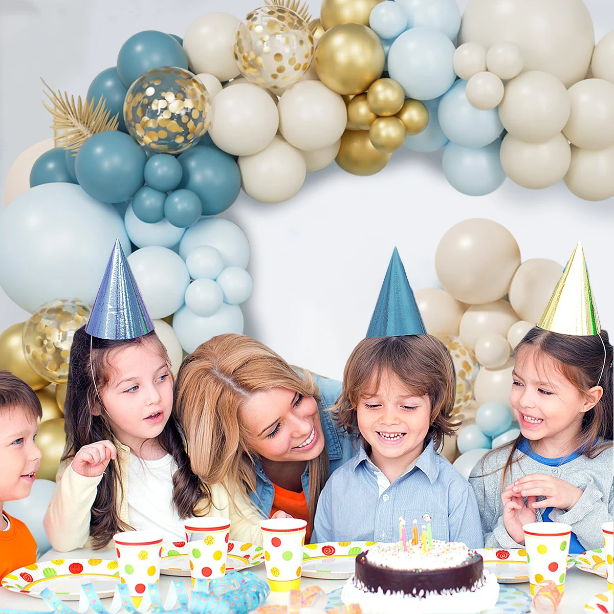 모래 흰색과 파란색 풍선 아치 키트 베이비 샤워, 어린이 생일 파티 장식, 남아 라텍스 풍선, 성별 공개 장식, 105 개
