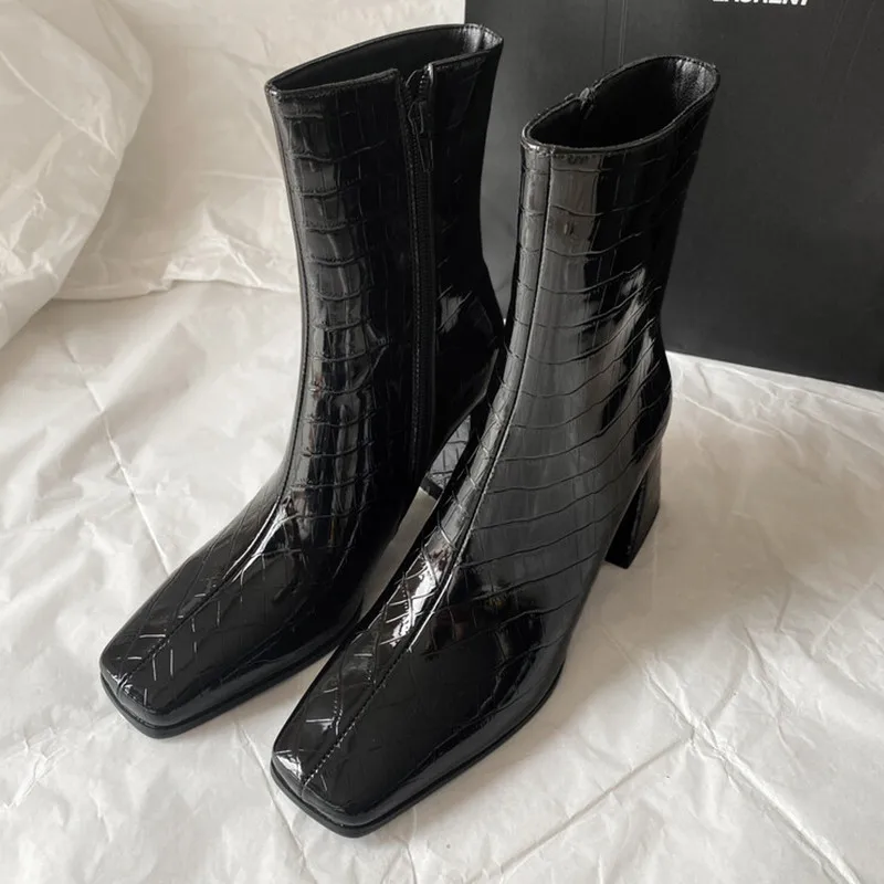 

Luxury Black Leather Women Short Boots Square Toe Chic Design Autumn Chelsea Botas 7cm High Heels Riding Botines Femininos