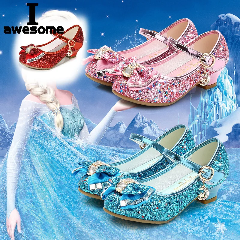 

2022 Princess Kids Leather Shoes for Girls Flower Casual Glitter Children High Heel Girls Shoes Butterfly Knot Blue Pink Silver