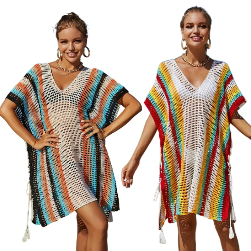 

Woman Sexy Deep V-Neck Short Sleeve Swimwear Mesh-Translucent-Crochet Long Dress Knitted Beach-Bikini Swimsuit Cover Ups