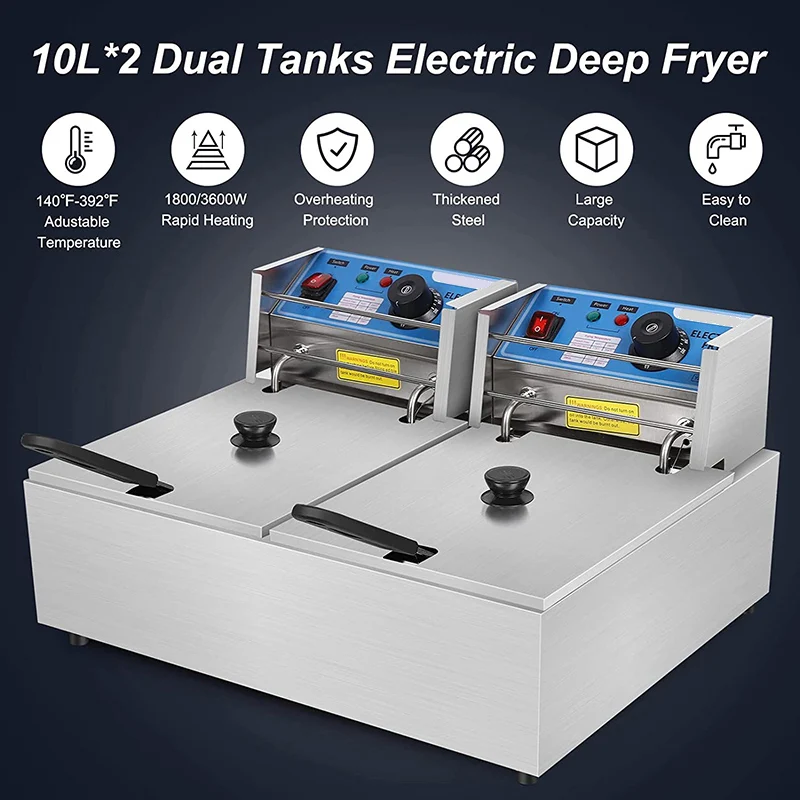 Commercial 20L Electric Deep Fryer Double Thickened Stainless steel Oil Tank Detachable Thermostatic Temperature adjustable EU 5
