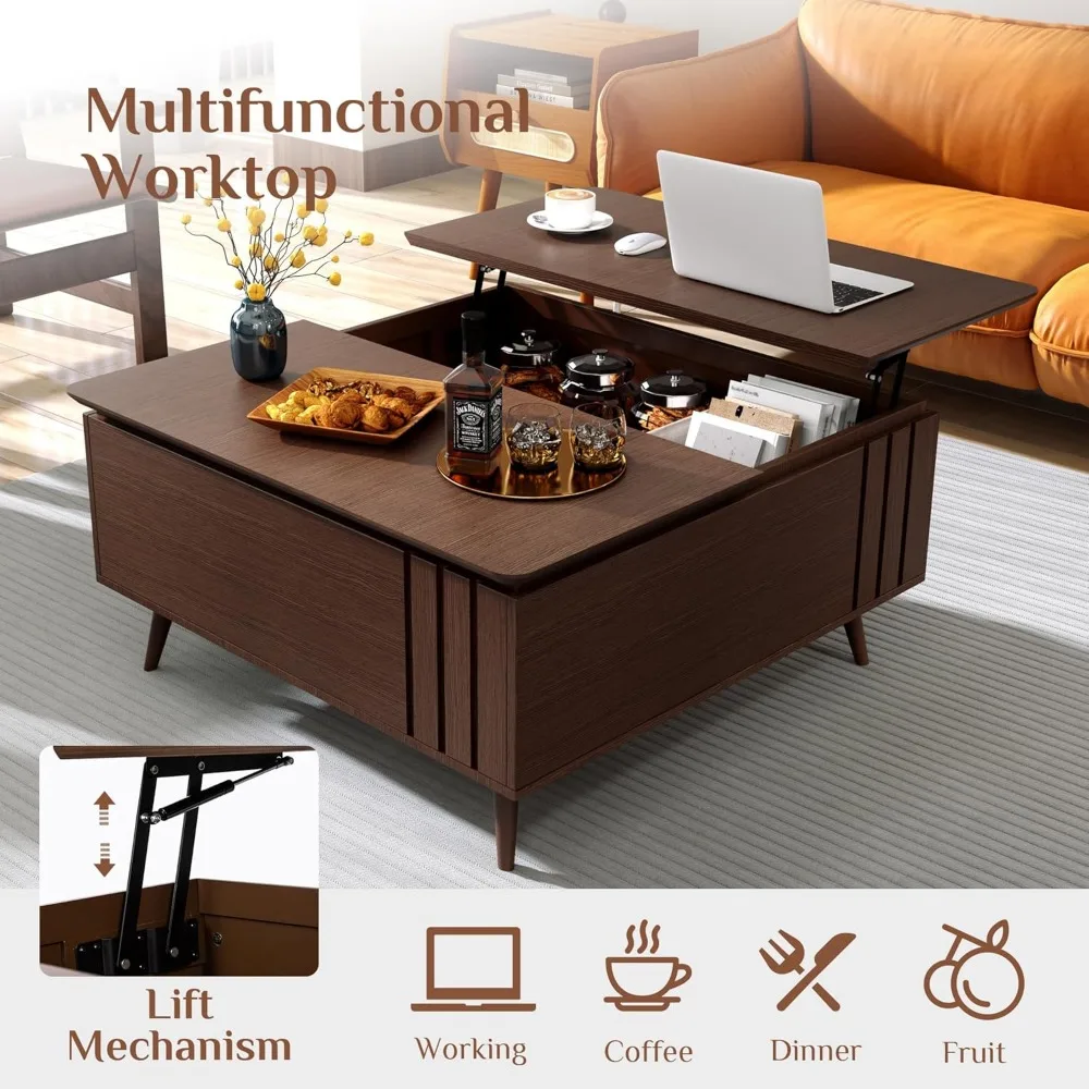 Lift Top Coffee Table with Storage, Mid Century Modern Square Center Table with Hidden Compartment & Storage Shelf for Living Ro 3