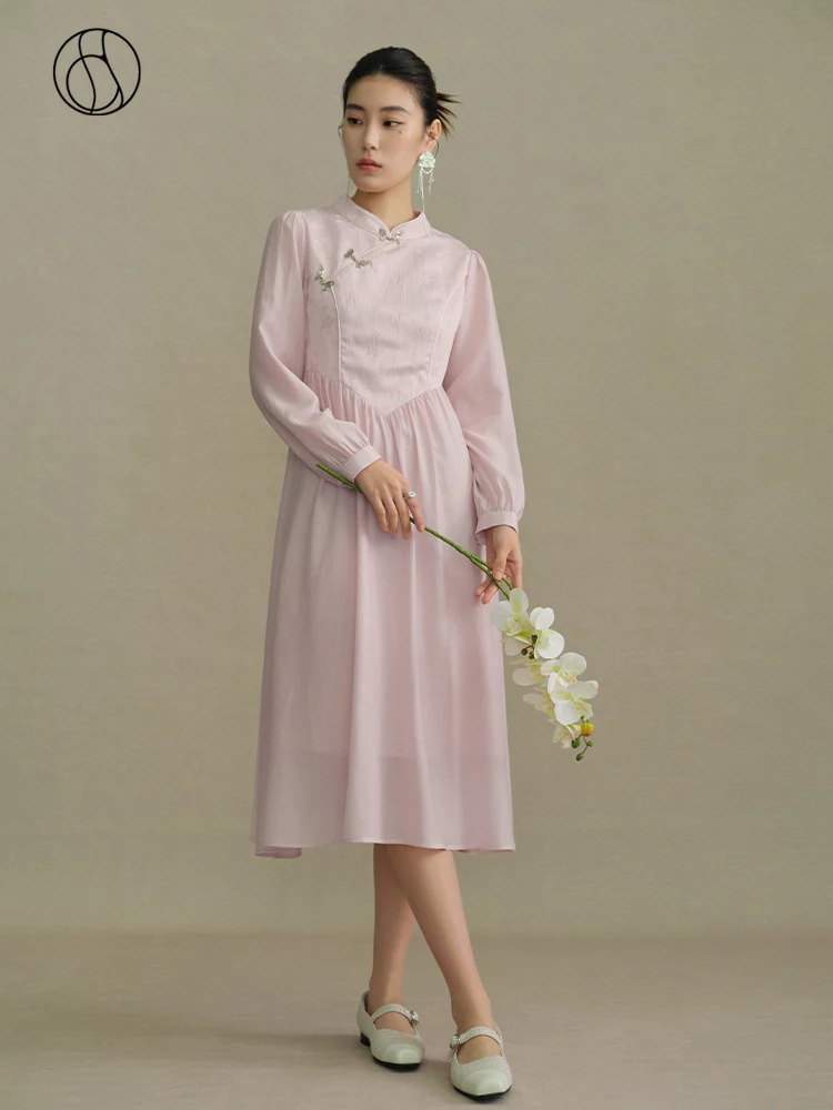 

DUSHU New Chinese Style Buckle Female Temperament Slim Black Dress Puff Sleeve Stand Collar Textured Long Sleeve Women Dress