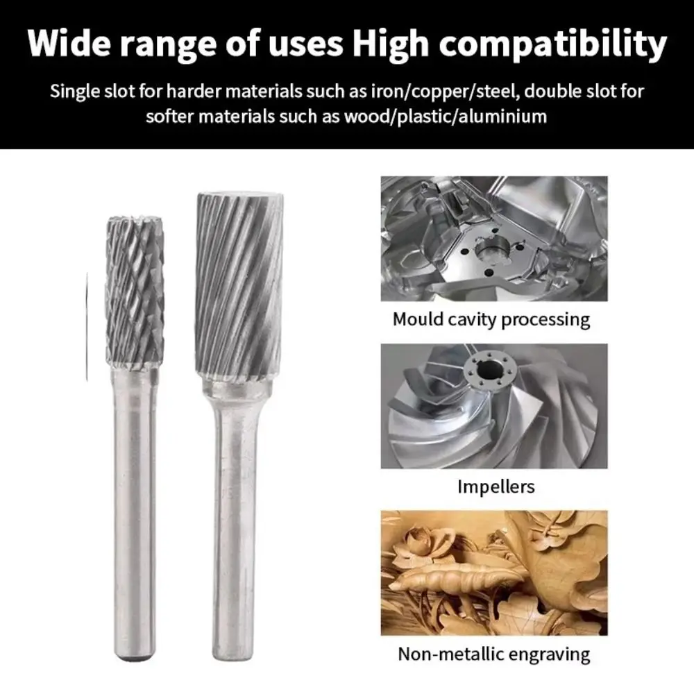 Single Double Slot Rotary Burrs Cylindrical Type Carbide Metal Milling Cutter 6mm/8mm/10mm Rotary File Mill